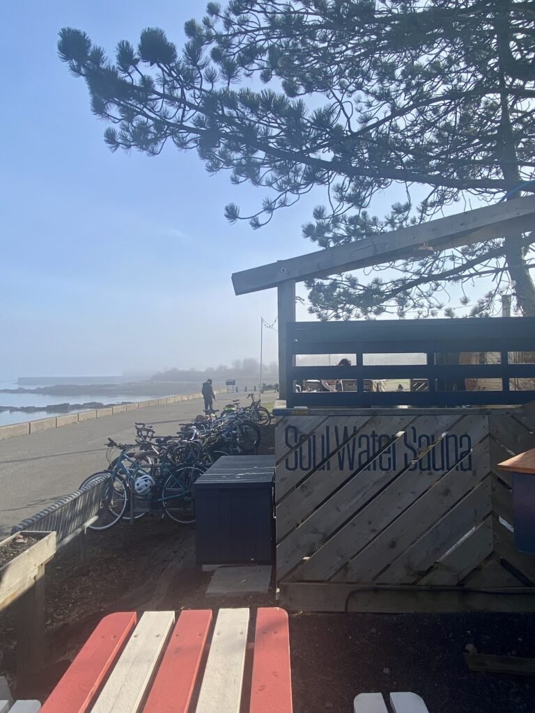 Soul Water Sauna on Granton Promenade Edinburgh with tree, bikes and beach view