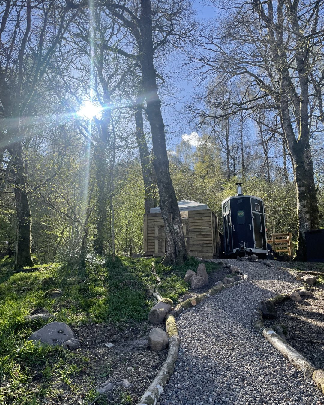 Outdoor sauna set along a woodland path in a quiet forest setting