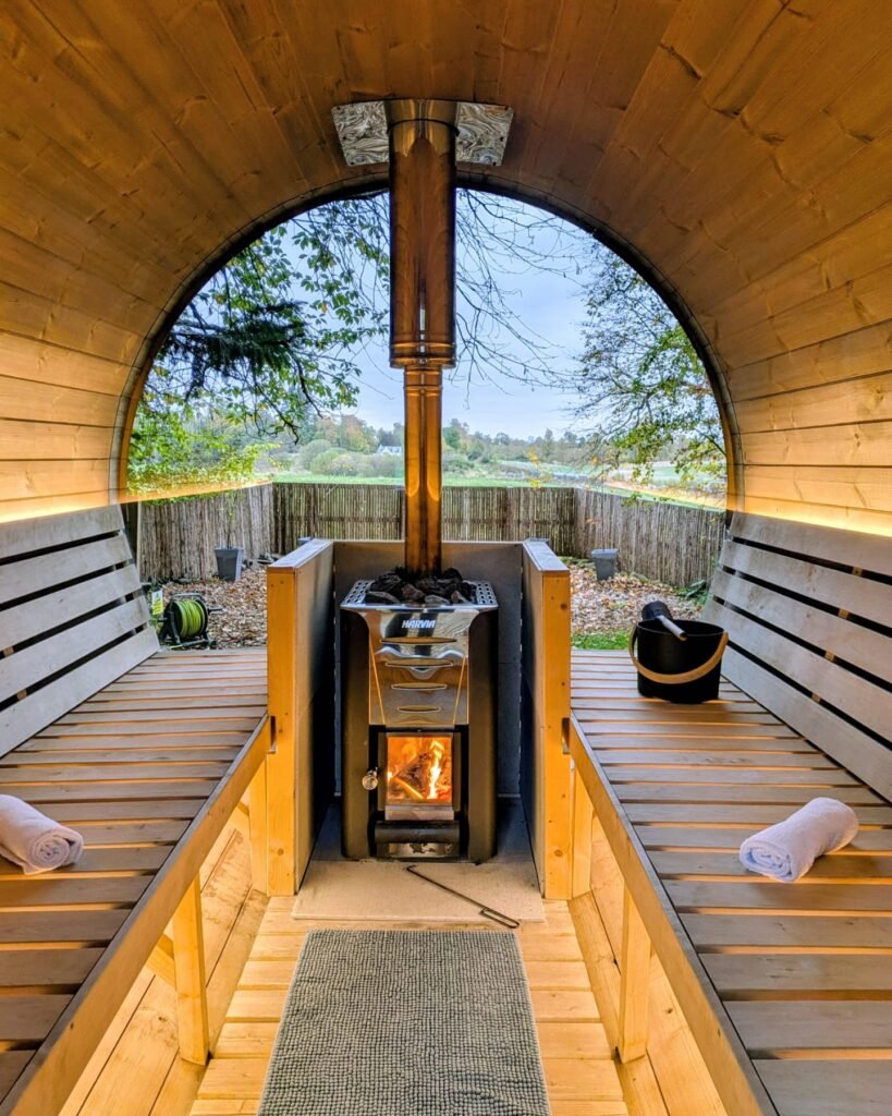 Interior of wood-fired sauna at Breathe Outdoor Spa near Crieff in Perthshire