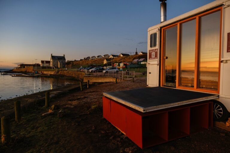 Cellardyke Seaside Sauna at sunset overlooking the sea and tidal pool in the East Neuk of Fife