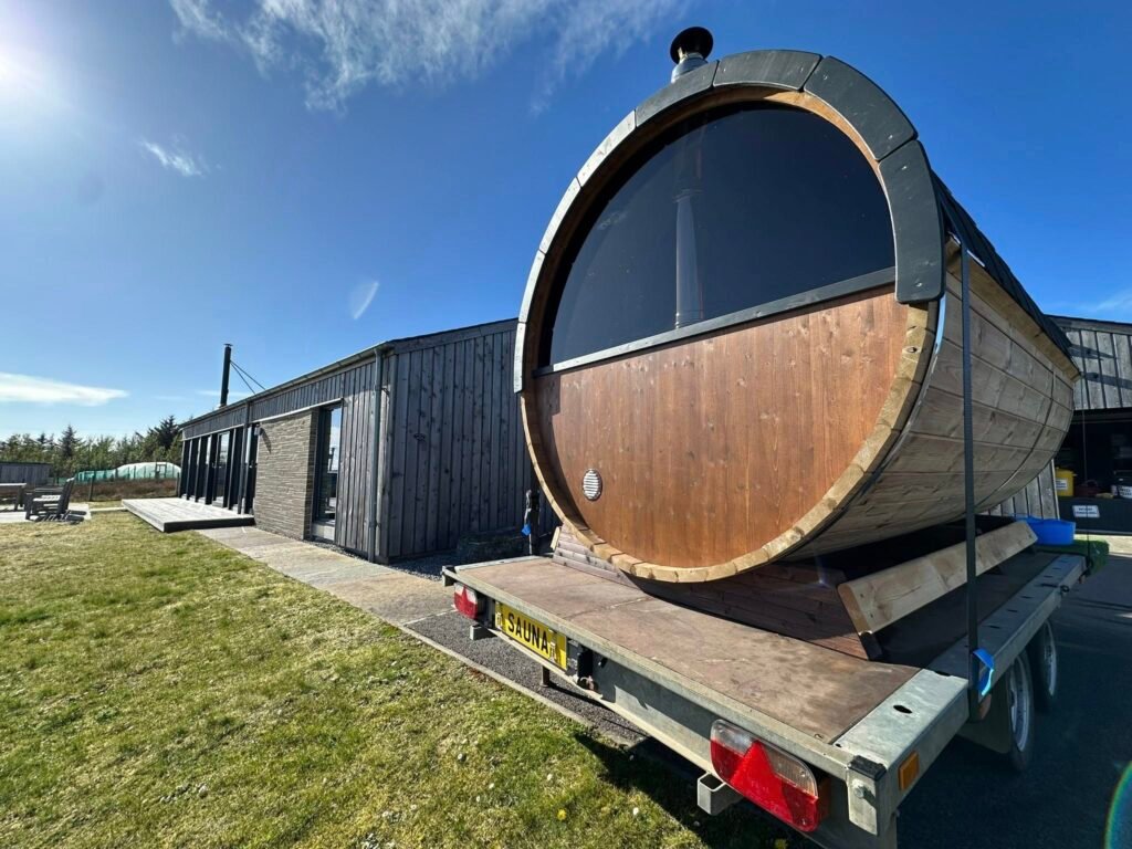 Mobile wood-fired sauna on a trailer available for hire in the Scottish Highlands
