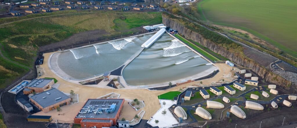 Aerial view of the surf lagoon at Lost Shore Surf Resort in Edinburgh