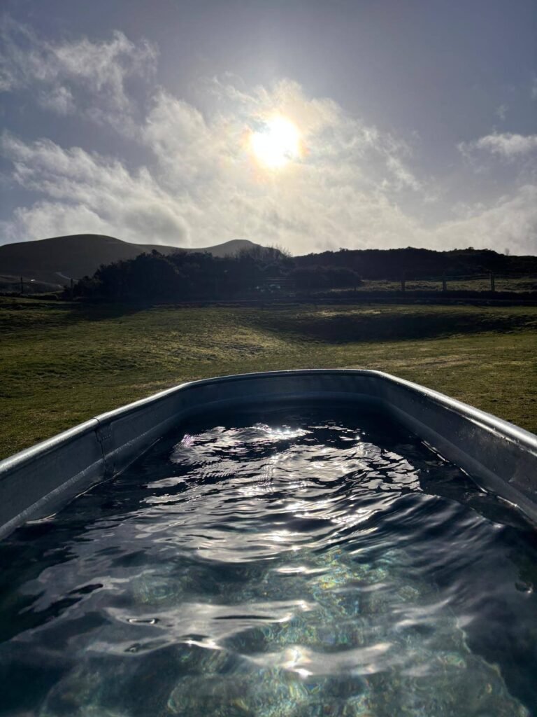 Outdoor cold plunge pool at Pentland View Outdoor Sauna with views of the Pentland Hills