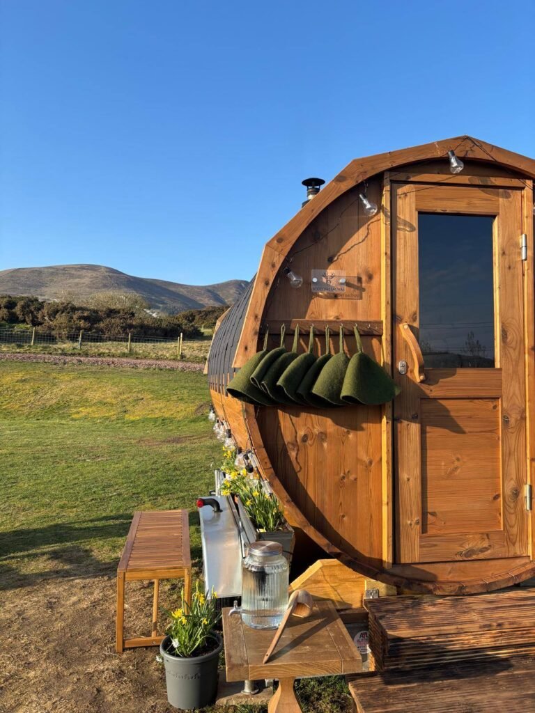 Exterior of Pentland View Outdoor Sauna with views of the Pentland Hills in Edinburgh