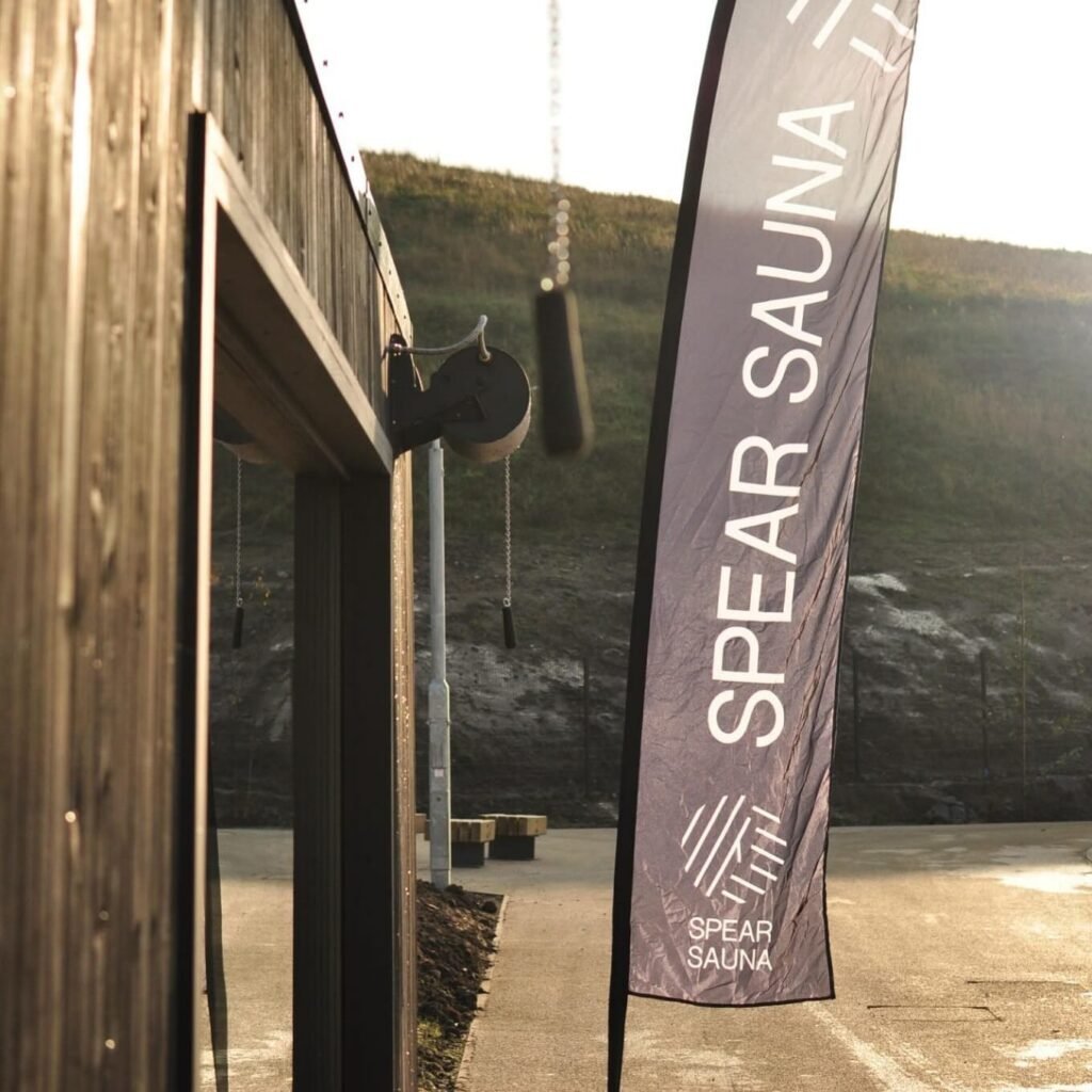 Spear Sauna flag beside the sauna at Lost Shore Surf Resort in Edinburgh