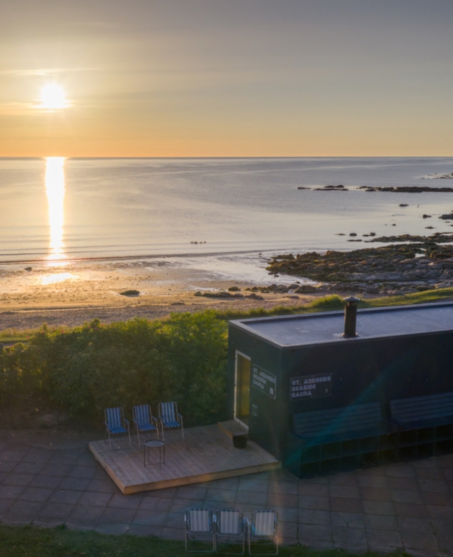 St Andrews Seaside Sauna at East Sands Beach during sunrise with views over the bay