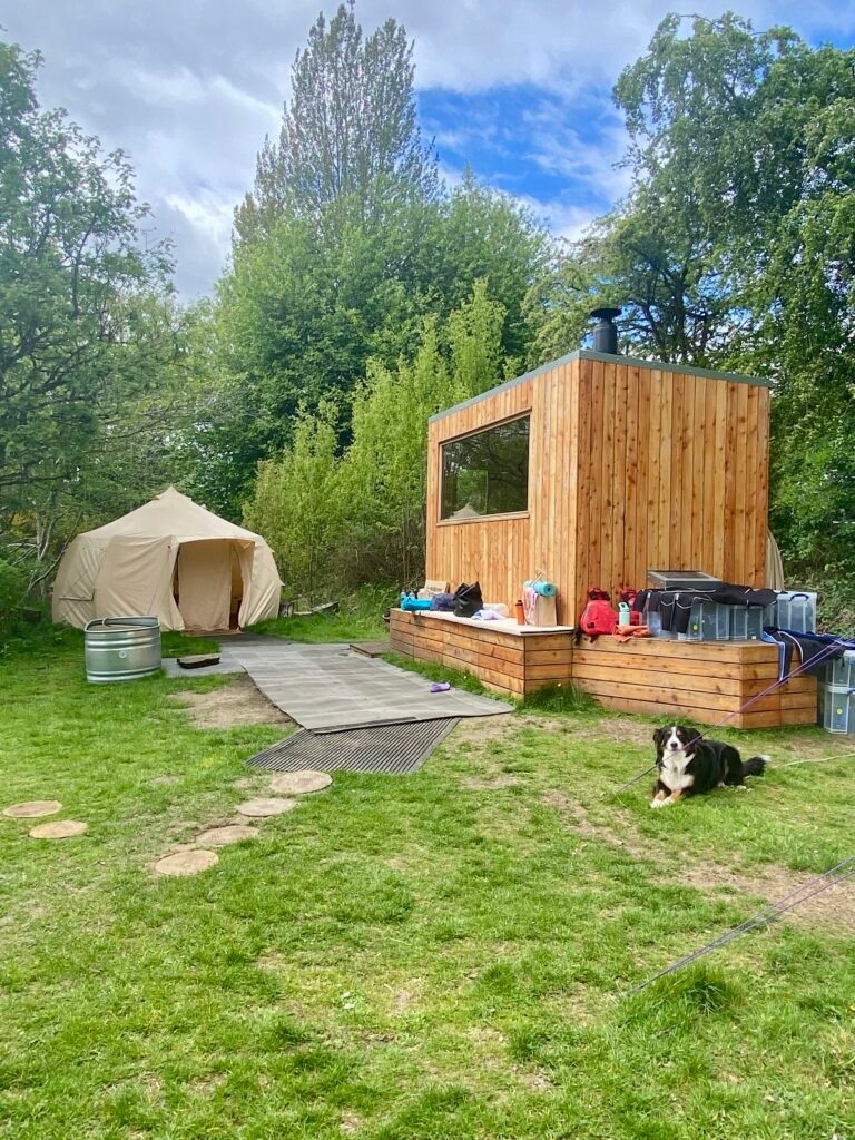Wild Ember Bothy wood-fired sauna with tin bath and Bernese Mountain Dog outside, Kenmore