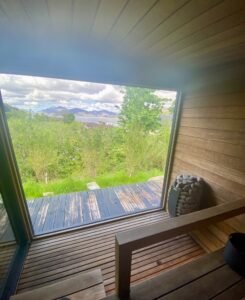 View across Loch Linnhe from inside Wilderness Sauna at Woodlands Glencoe