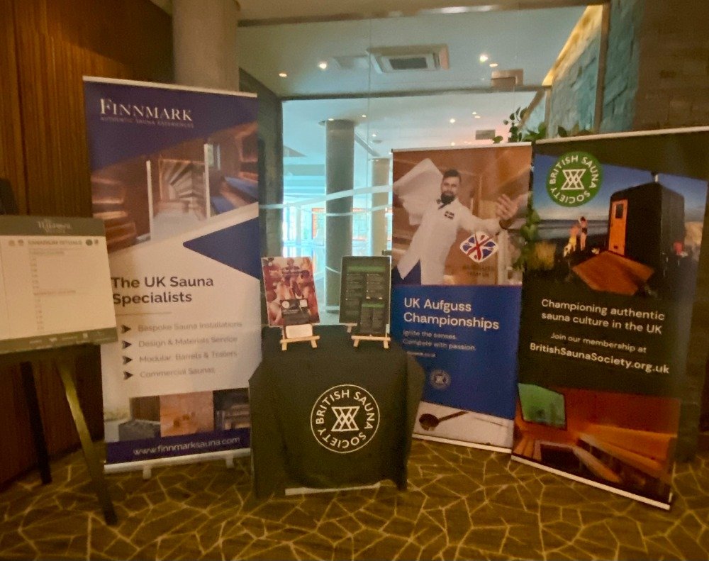 British Sauna Society banners and promotional signage at the 2026 UK Aufguss Championships at Galgorm Resort