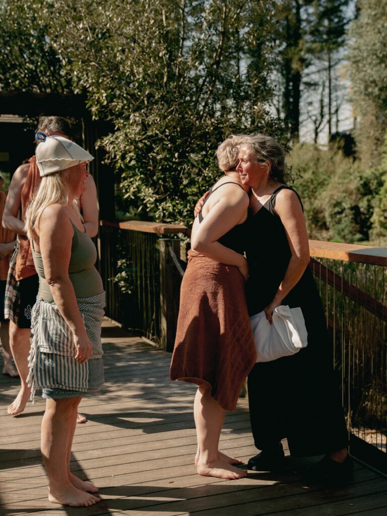 Charlotte Jalley greeting attendees outside the Celtic Sauna after her Aufguss performance at the 2026 UK Aufguss Championships