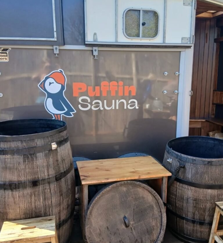 Puffin Sauna Leith cold plunge barrels outside the horsebox sauna at Leith Community Croft