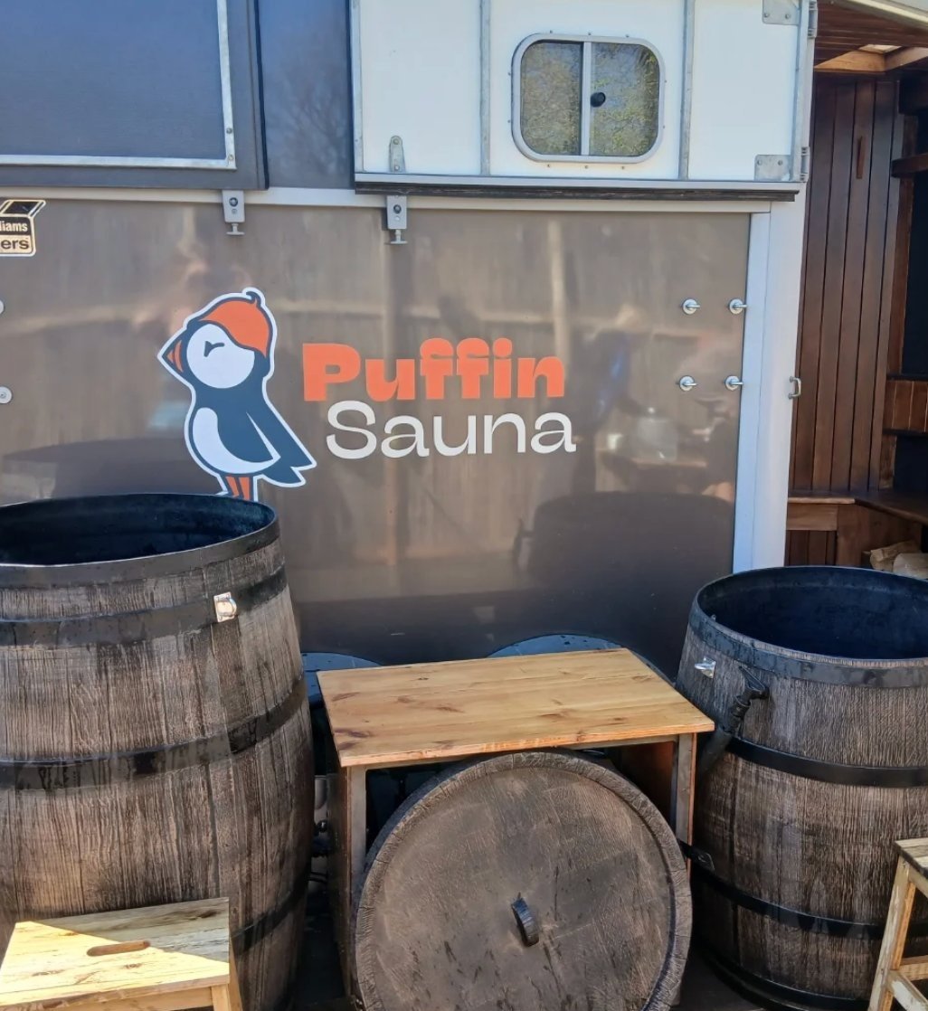 Puffin Sauna Leith cold plunge barrels outside the horsebox sauna at Leith Community Croft