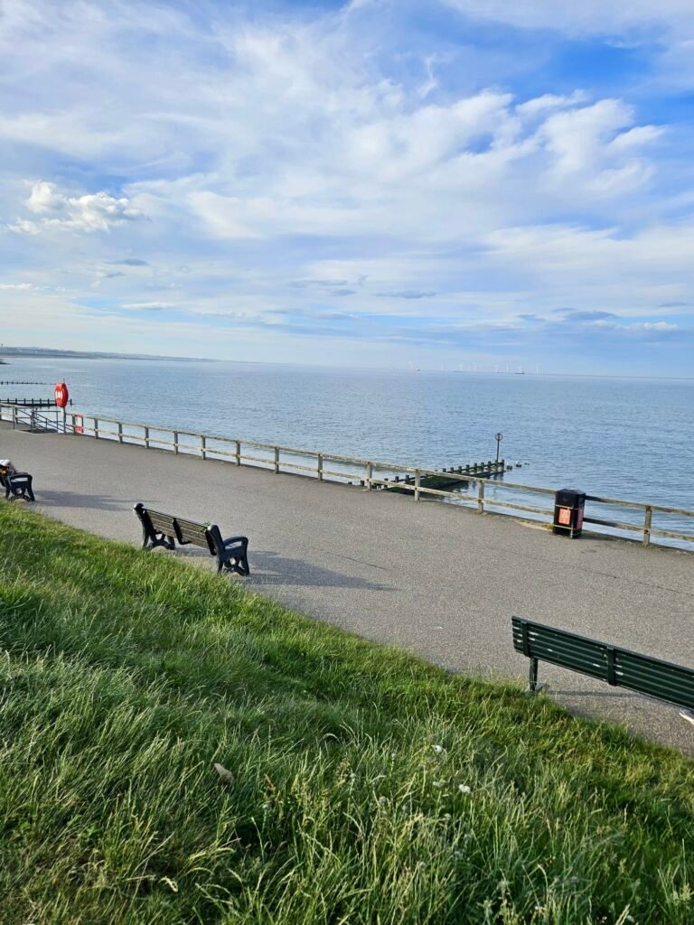 The promenade path on Aberdeen's beachfront, with benches overlooking the sea