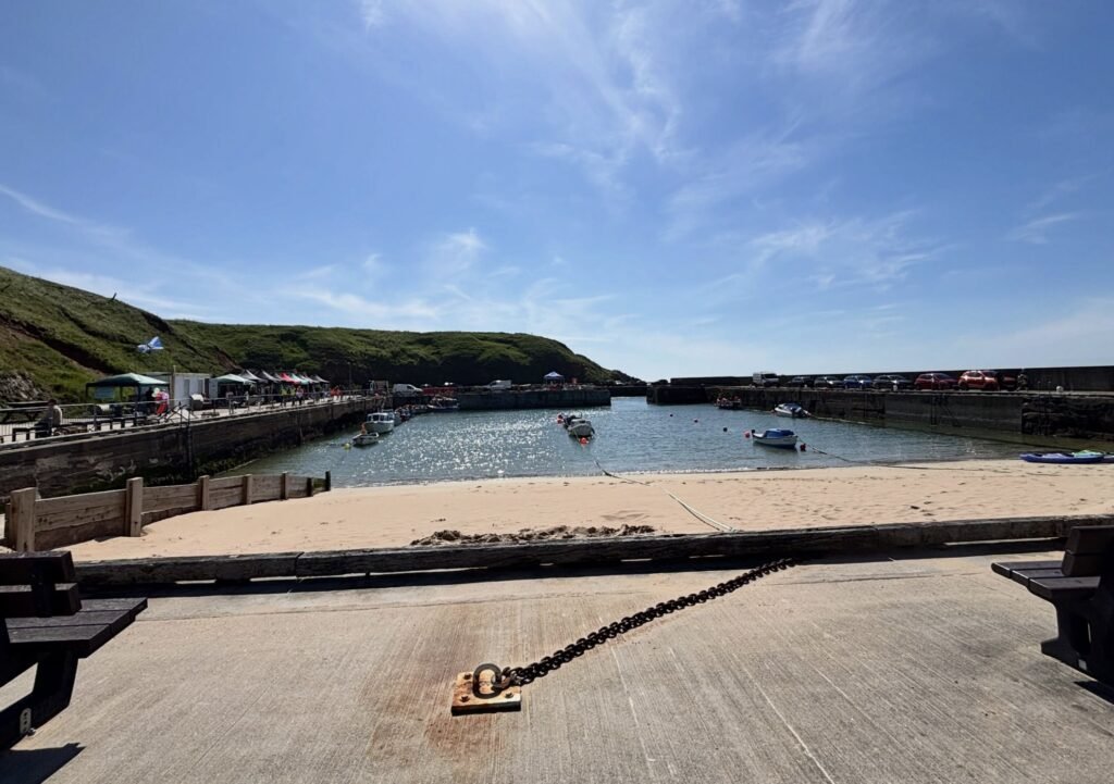 Fraileach Sauna Cruden Bay beach and harbour with boats moored, Cruden Bay bay view