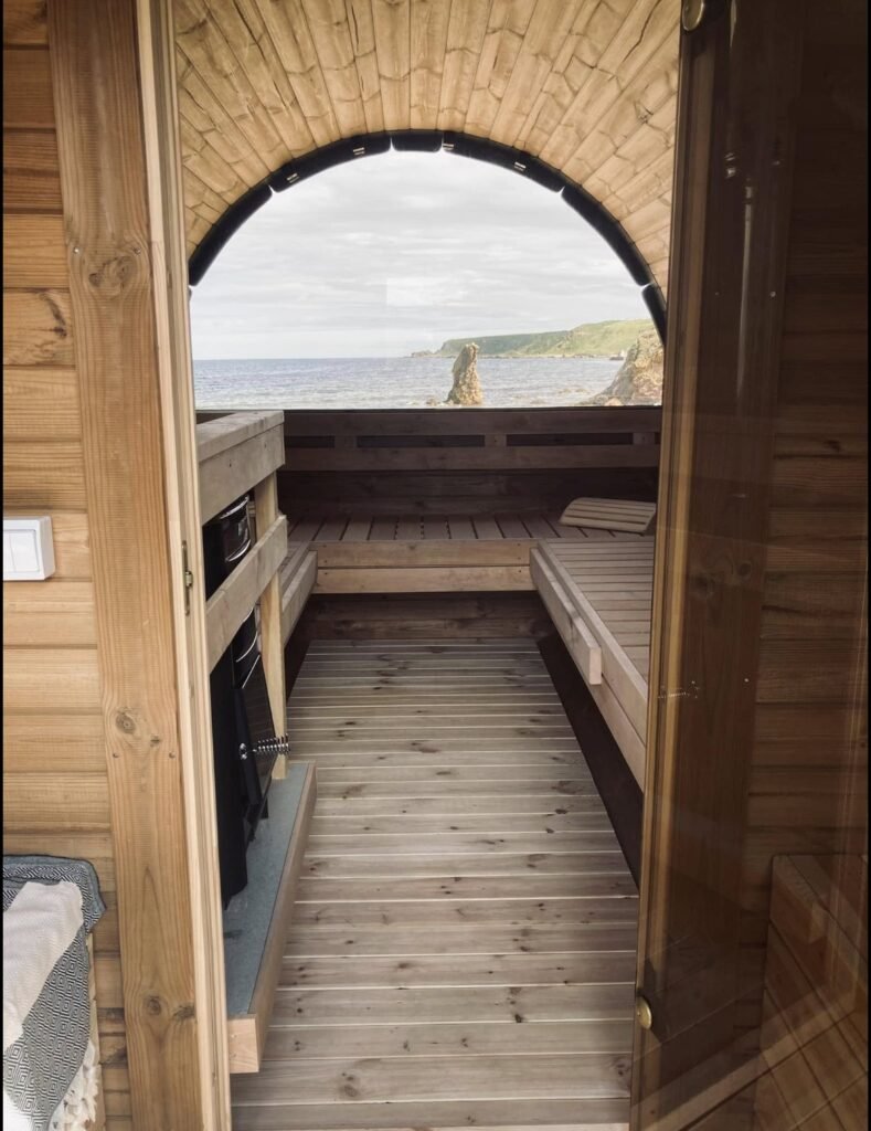 Sauna at the Kings Cullen interior looking out to the sea stacks and beach