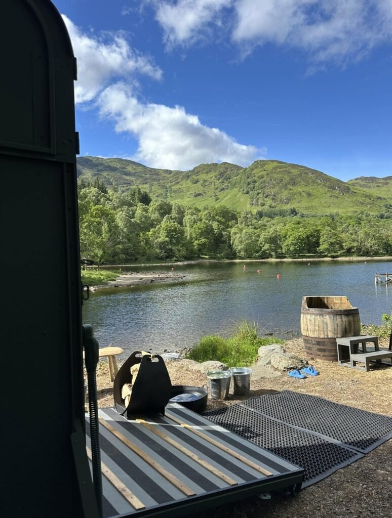 Thaw Sauna Strathearn cold plunge barrel with views over the loch