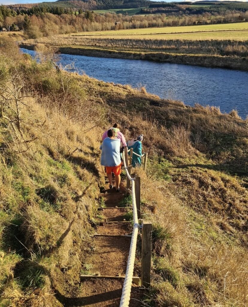 The Little Sauna Keig access path and steps down to the river