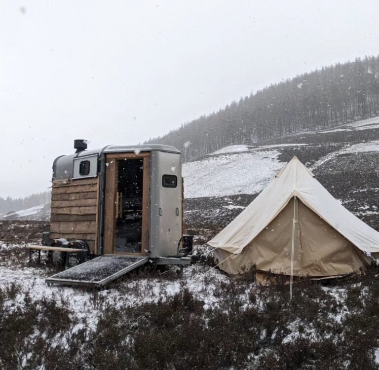 Wild Braemar Wilderness Sauna Cairngorms horsebox sauna and bell tent in snow on the moor