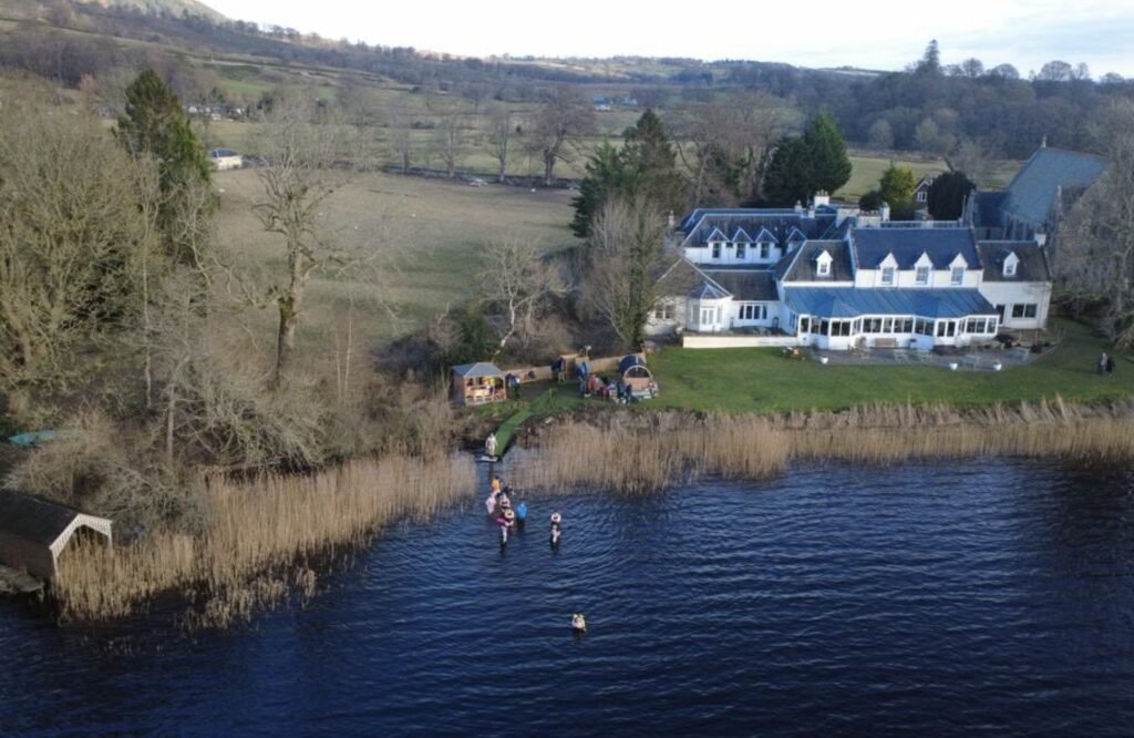 Wild Sauna Company Lake of Menteith aerial view of the grounds and wild swimmers