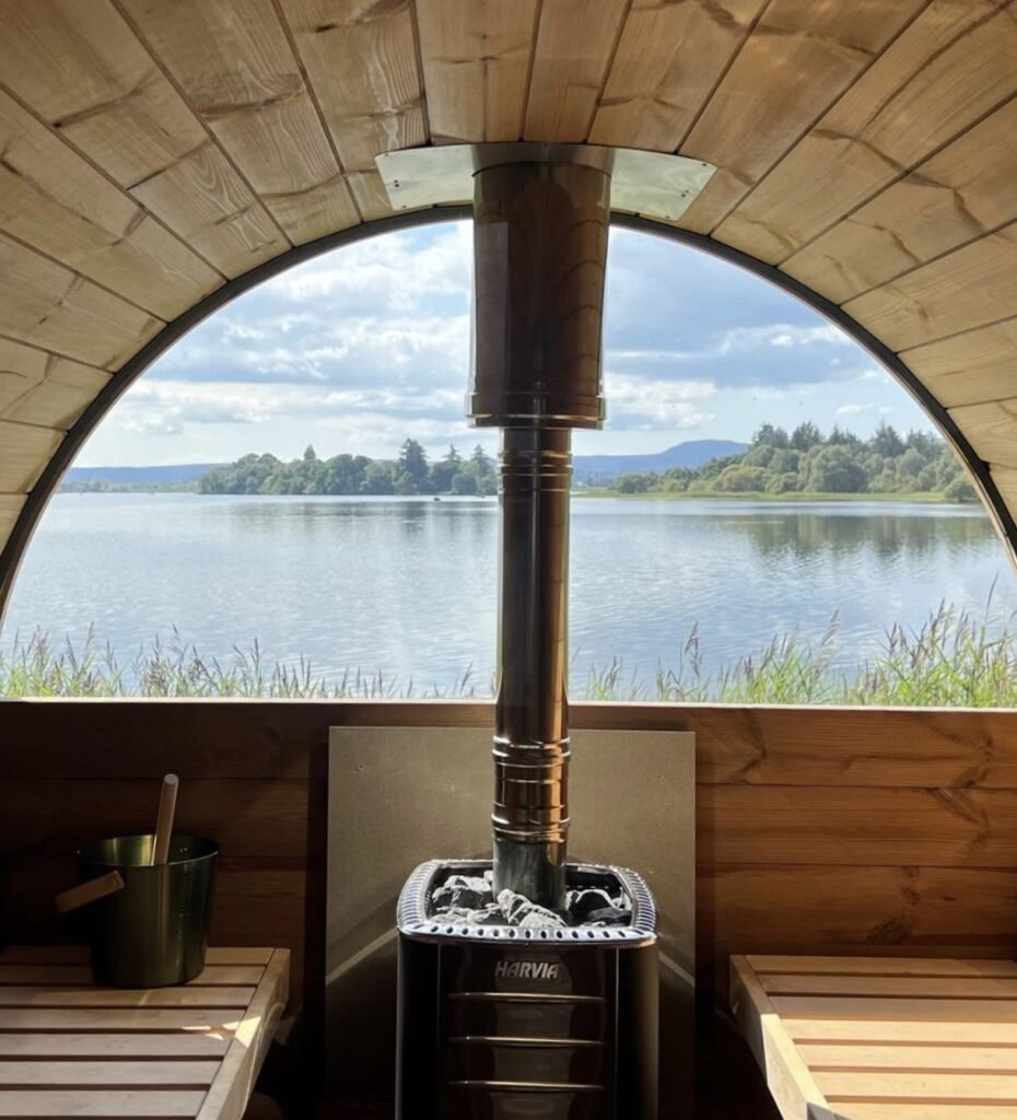 Wild Sauna Company Lake of Menteith interior view through the arch window over the loch