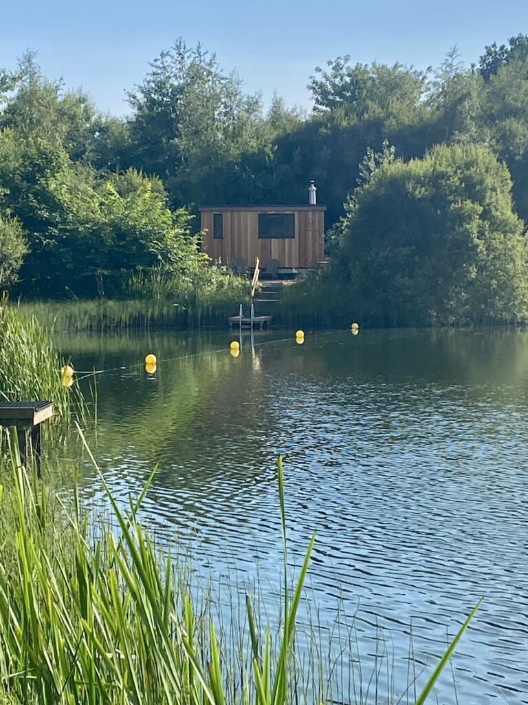 Wild Scottish Sauna Kinross view across the water with swim buoys marking the area